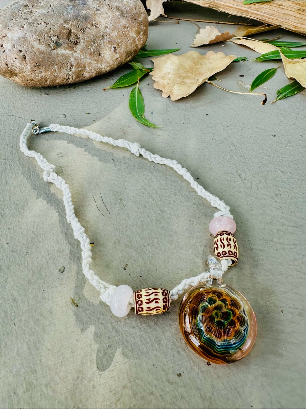 Handmade White Braided Necklace with Multicolor Glass Pendant